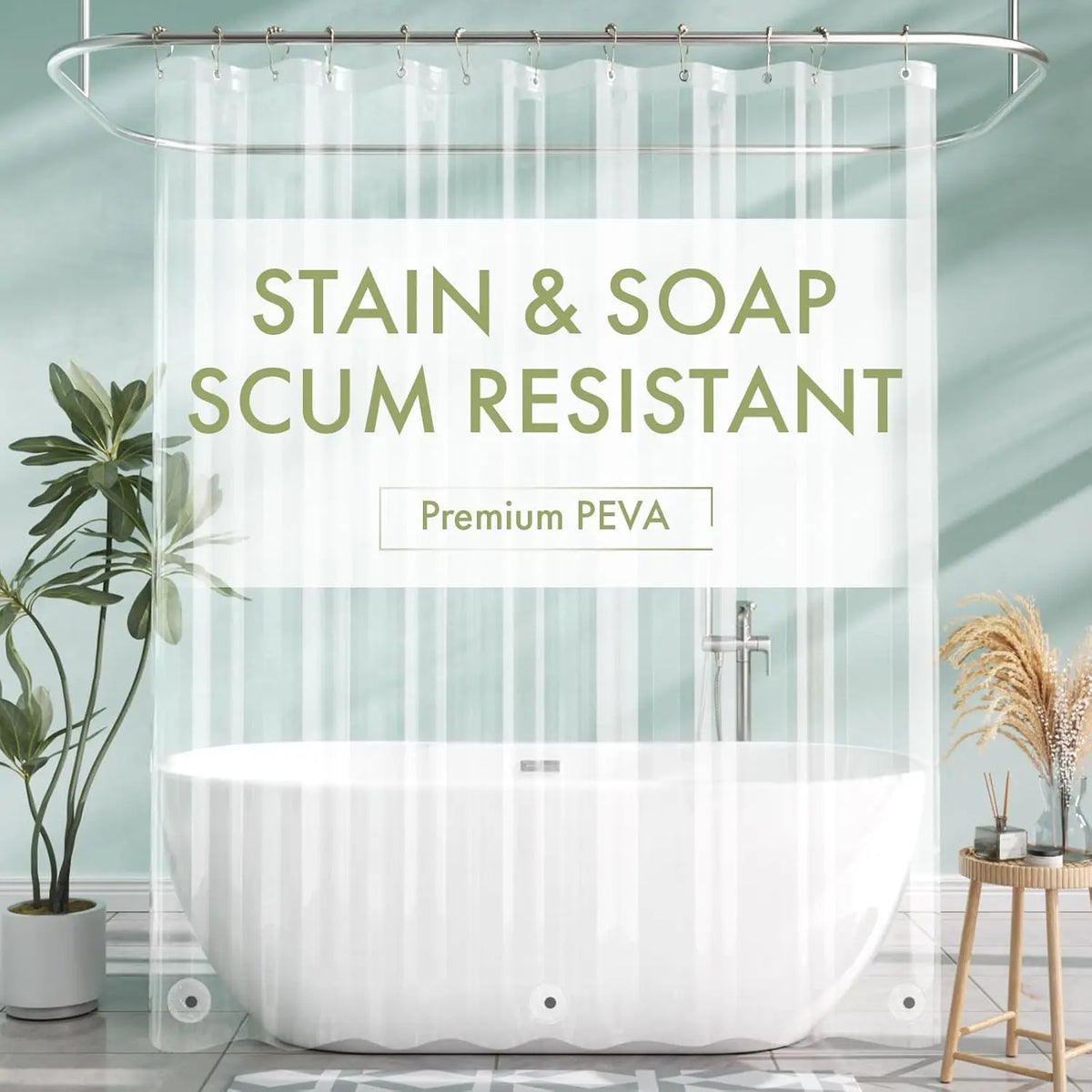 Transparenter PEVA-Duschvorhang – wasserdicht mit magnetischen Gewichten, schmutzabweisend und 12 rostfreien Ösen
