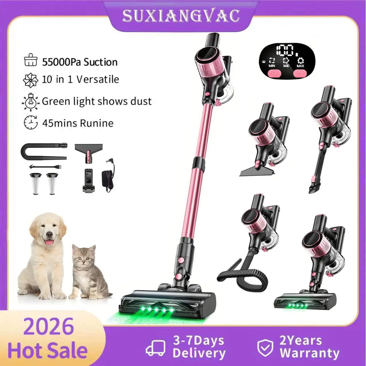 SuXiangVac 10-in-1 Cordless Stick Vacuum Cleaner – 55KPA, HEPA Filter, Anti-Tangle Brush