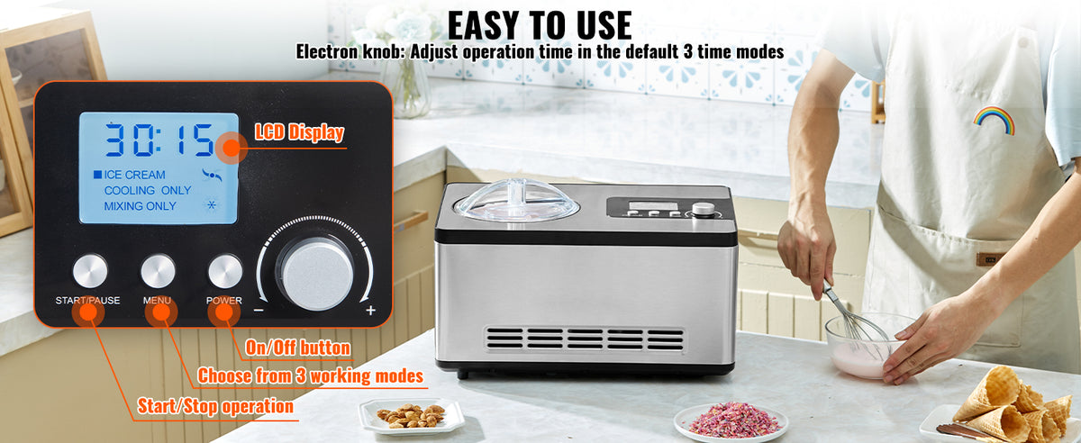 SucceBuy Eismaschine mit Kompressor 2 Quart – Kein Vorgefrieren, Eiscreme & Sorbet